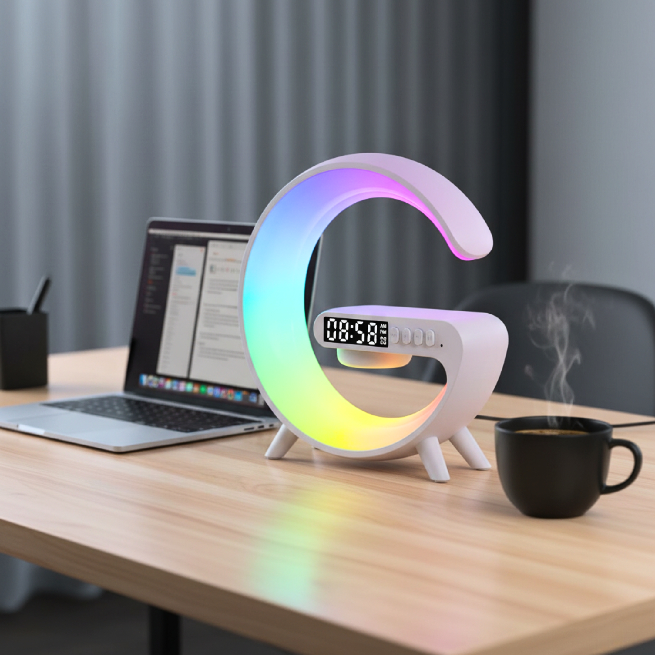 Detalle de la Lámpara Aura G con carga inalámbrica de smartphone en un escritorio moderno.